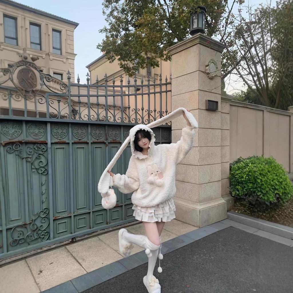 Women's Rabbit Ear Hooded Lamb Wool Sweater Jacket - Winter Velvet, Thickened, Sweet, Age-Reducing, Loose Top Trend