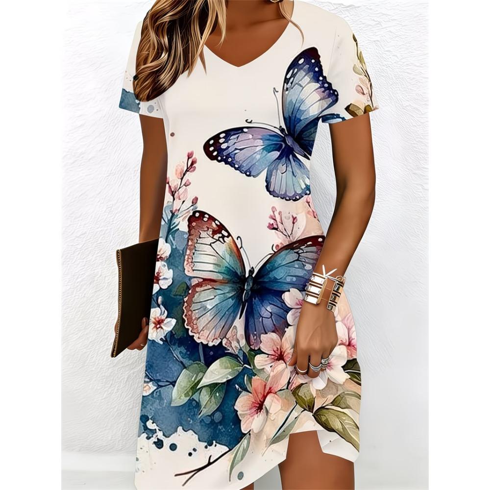 3D Colorful Butterfly Pattern Printed Dress Women's Summer Short Sleeve V-Neck Casual Vacation Dress