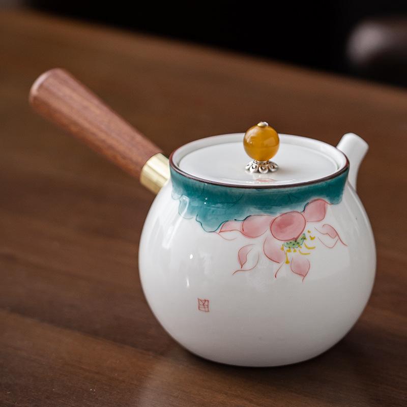 Hand-painted Mutton Fat Jade White Porcelain Teapot Single Pot Hand with Handle Side Handle Teapot Xishi Pot Kung Fu Tea Set Tea