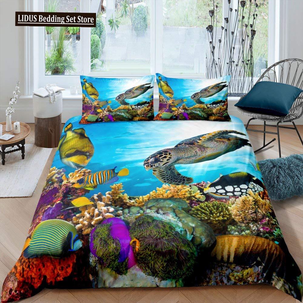 Fisch Bettbezug Set Ozean Bettwäsche Sets 3D Gedruckte Unterwasserwelt Mit Hai Delfin Korallenriff Muster Bettdeckenbezug Set 2/3tlg