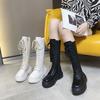 Fashion Platform Round Toe Lace-up Half High Boots for Women Autumn Winter Leather Fleece-Lined Mid Calf Shoes Woman Gothic Hot Footwear