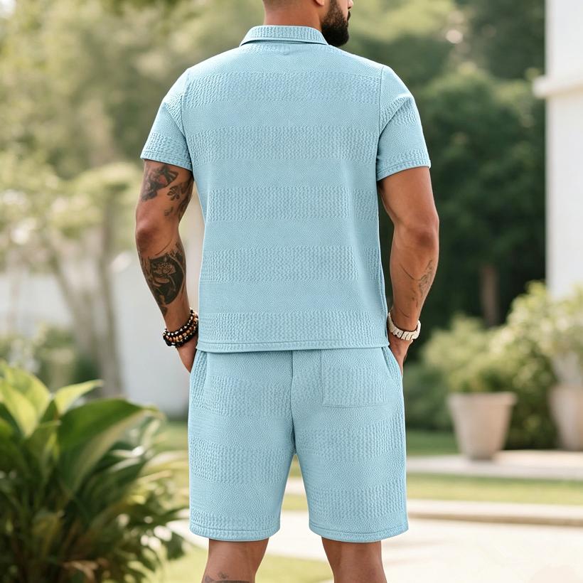 Men's Summer 2 Piece Outfit, Waffle Knit Polo Shirt and Elastic Waist Shorts, Casual Tracksuit for Beach Streetwear