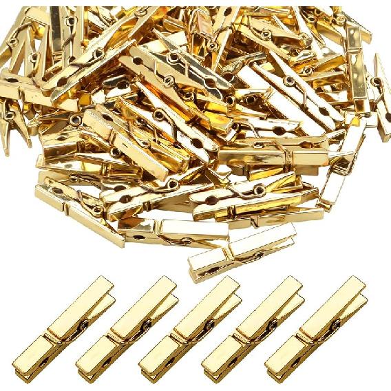 Mini Plastic Clips, 100 Pieces Utility Photo Clips Paper Peg Clothes Line Clips - 3.5 x 0.5 x 0.7cm, Gold