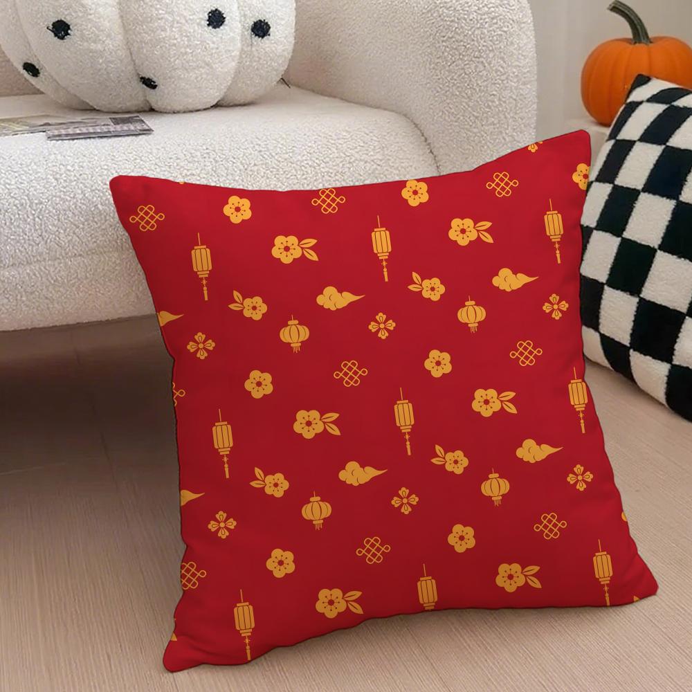 Chinese Red Festive and Auspicious Patterns Cushion Cover Throw Pillow Cover Hidden Button Durable Polyester Chair Cushion