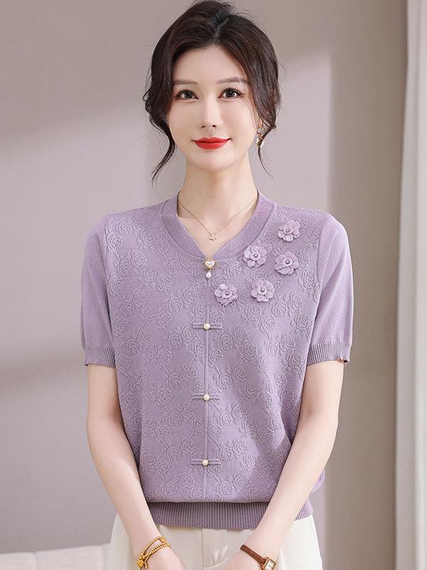 2026 Stylish Ice Silk Knit Short-Sleeve T-Shirt for Moms: Chinese Style Summer Top for Middle-Aged and Elderly Women