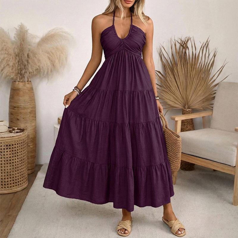Women's Summer Flowy Maxi Dress Halter Neck Ruched Smocked Boho Beach Vacation Sundress