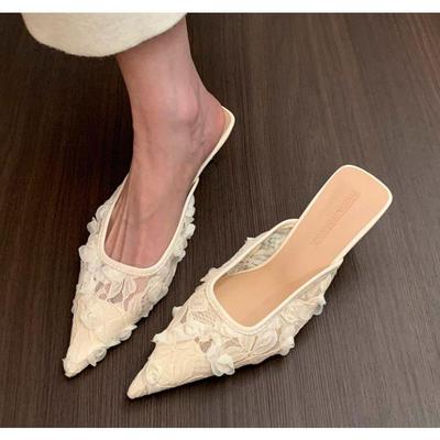 Ladies Flower Mesh Open Heel Sandals Shoes Sexy Designer High Heel Pointed Toe Stiletto Pumps Mules  Women Sandals