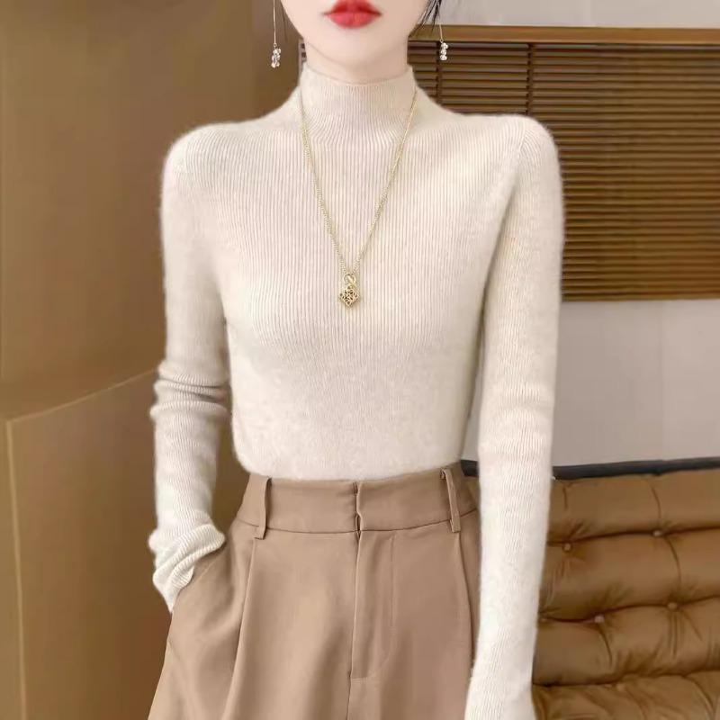 

Autumn Winter Half High Collar Knitting Bottomed Pullover Top Women Solid Color Casual All-match Sweater M бежевый