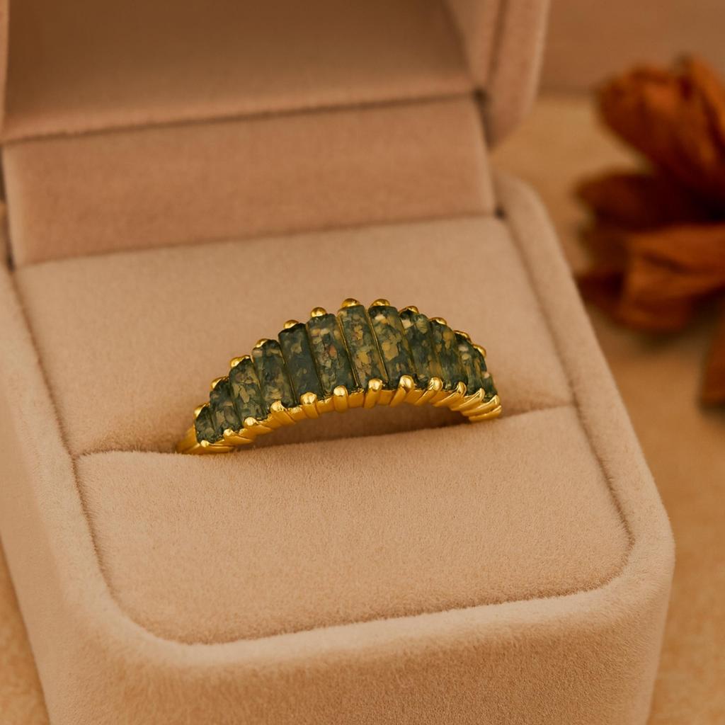 Inel Baghetă Agat de Mușchi Jumătate Eternitate – Inel Unic cu Piatră Prețioasă Verde - Bijuterii Cadou din Argint Sterling 925 Placat cu Aur