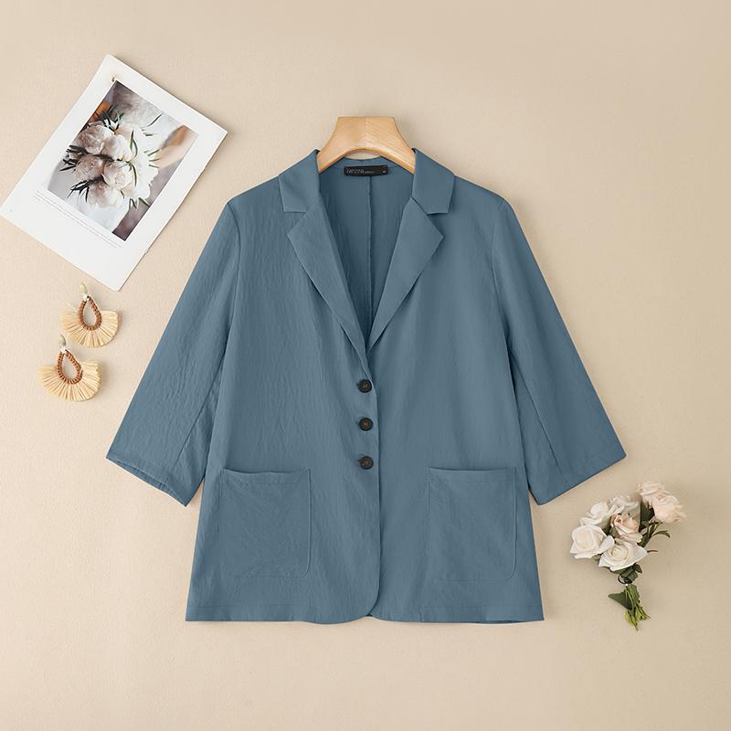 

ZANZEA Женская повседневная блузка-кардиган свободного кроя с рукавами 3/4 и отложным воротником 5XL синий