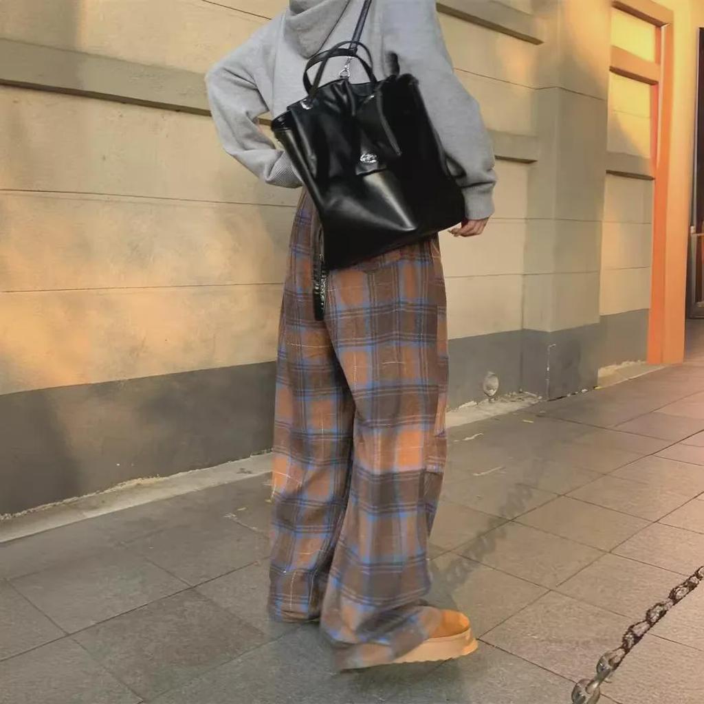 Women's Retro Wide-Leg Plaid Pants - Sanded, Casual, Floor-Length, Slim, for Spring & Autumn