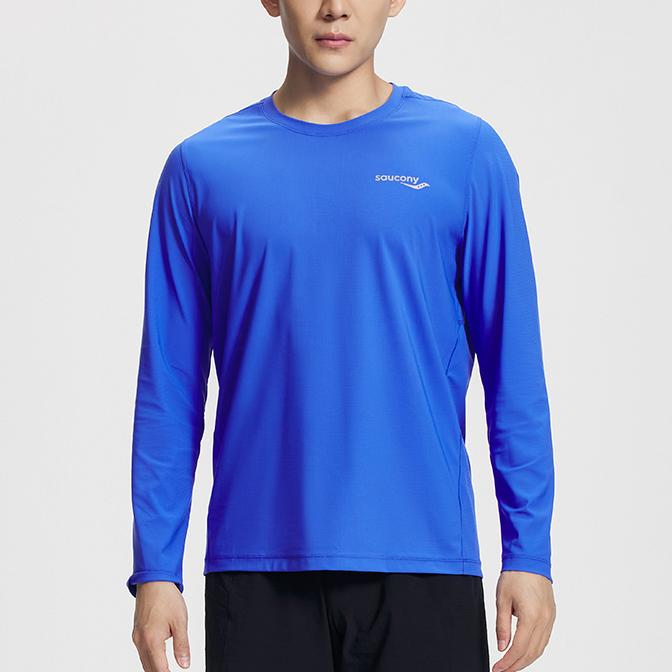 SAUCONY Solid Color Running Stretch Sweat-Wicking Crew Neck Pullover Knit Long Sleeve T-Shirt Men Tops Bright-Blue SC2230118A-BL02
