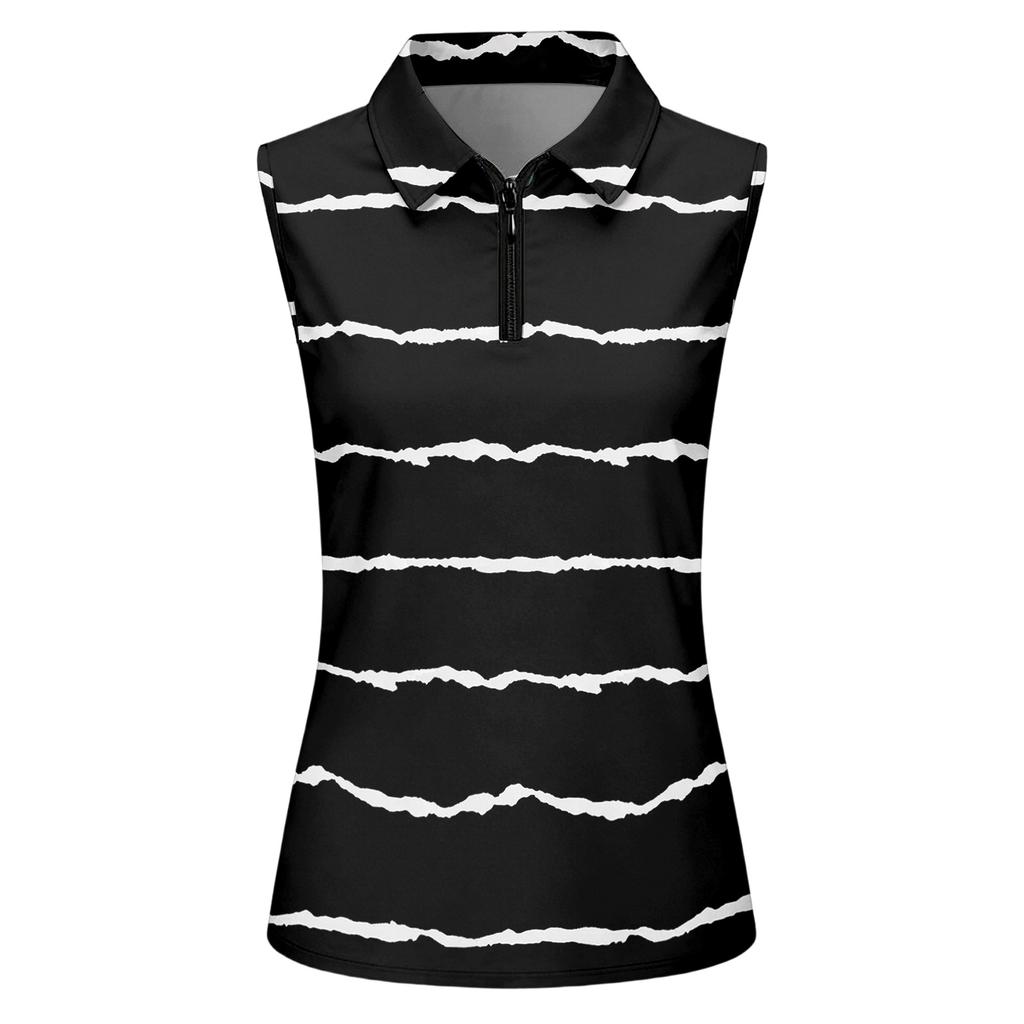 Women Sleeveless Golf Polo Shirt Zip Up Collar Striped Printed Athletic Tank Top for Sports and Outdoor Activities