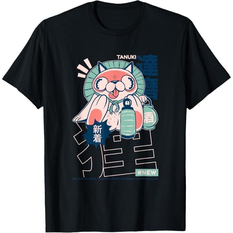 Тануки Ёкай Японская милая футболка с енотовидной собакой S чёрный
