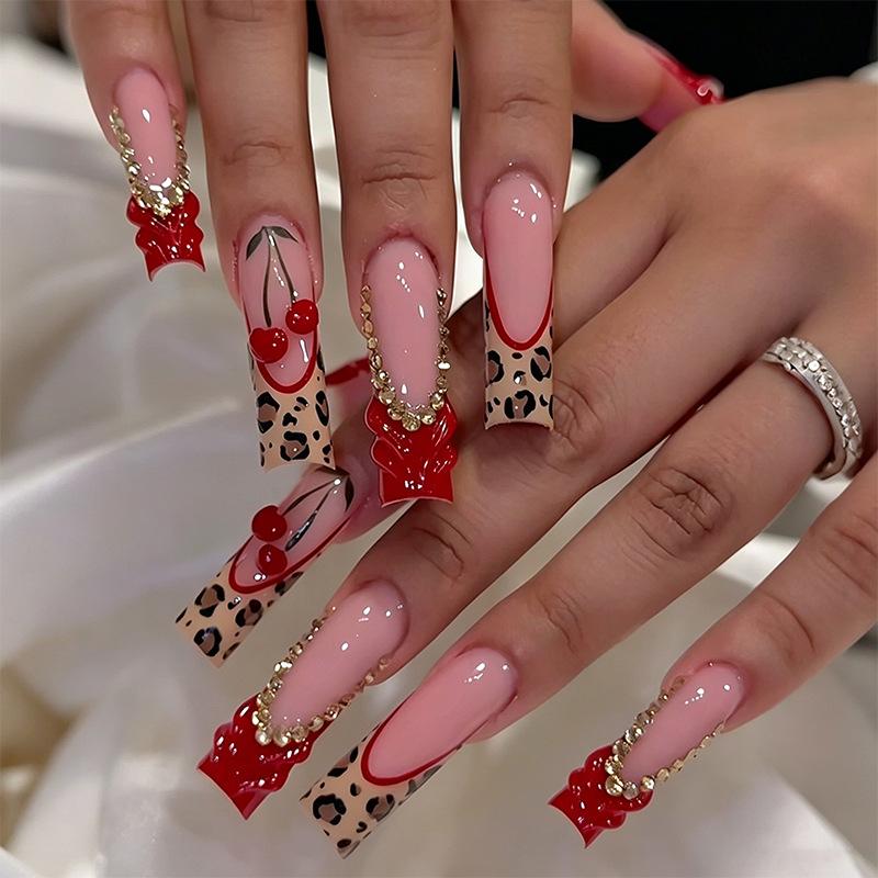 Cross-border European and American long water pipes wear nail leopard print 3D three-dimensional cherry manicure removable fake nail wear nail piece