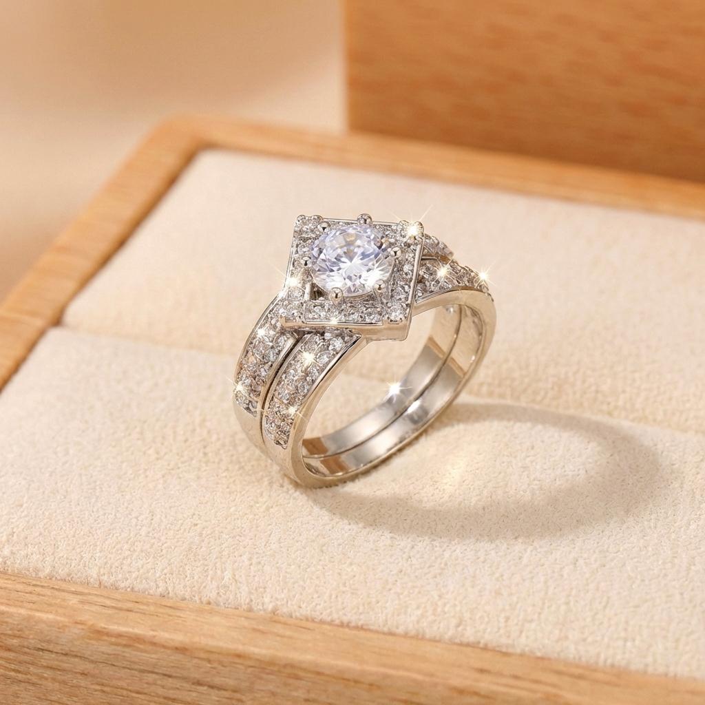 2Pcs Brilliant Square Zircon Promise Ring Set for Women Elegant Vintage Luxury Stackable Finger Ring Anniversary Party Jewelry