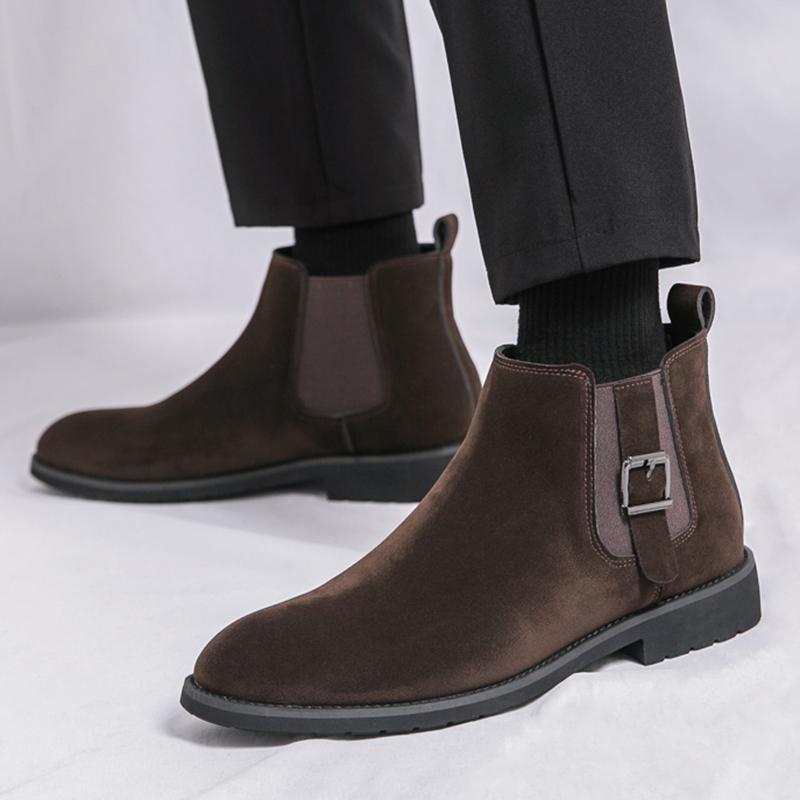 Fashion Winter Men's Pointed Suede Leather Buckle Chelsea Ankle Boots British Designer Botas Trend Casual High-tops Shoes Zapatos Hombre