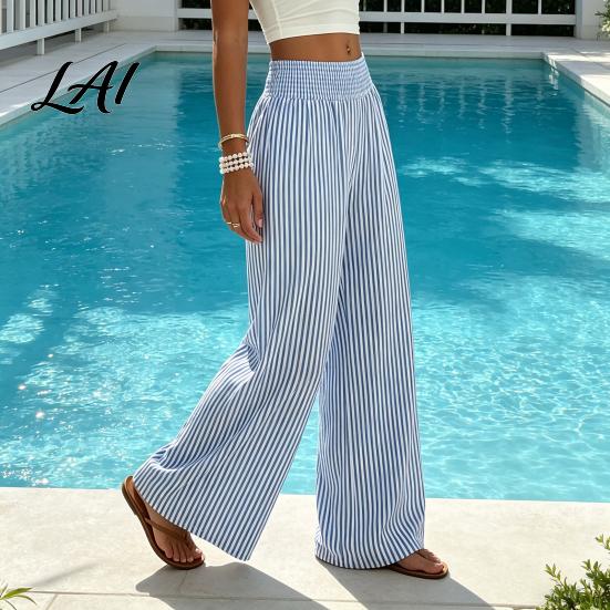 Women Casual Pants Striped Wide Leg Pants Summer Elastic Waist Breathable Trousers Loose Fit Palazzo with Pockets Daily Wear