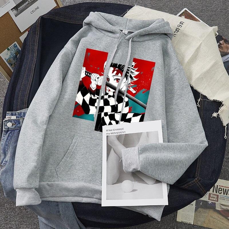 Anime Demon Slayer Tanjiro and Nezuko Hoodie Sweatshirt Women Korean Kpop Street Style Sweatshirt Girl Streetwear Winter Loose Top