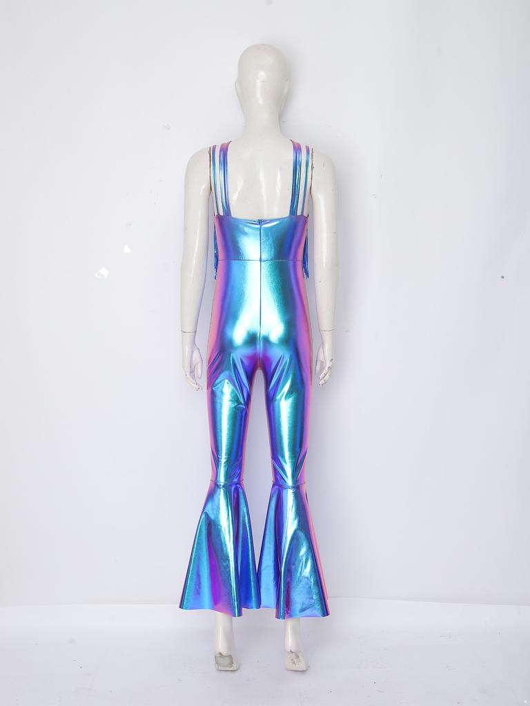 Tuta da Donna Lucida Metallizzata con Frange Senza Maniche Spalline Sottili Pantaloni a Zampa Zip Posteriore per Club e Performance sul Palco