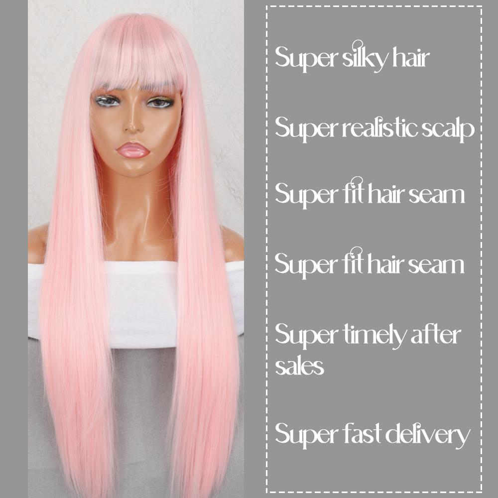MERISIHAIR Light Pink Long Straight Wig with Bangs Synthetic Fiber Daily Wear Cosplay Long Straight Wig for Women