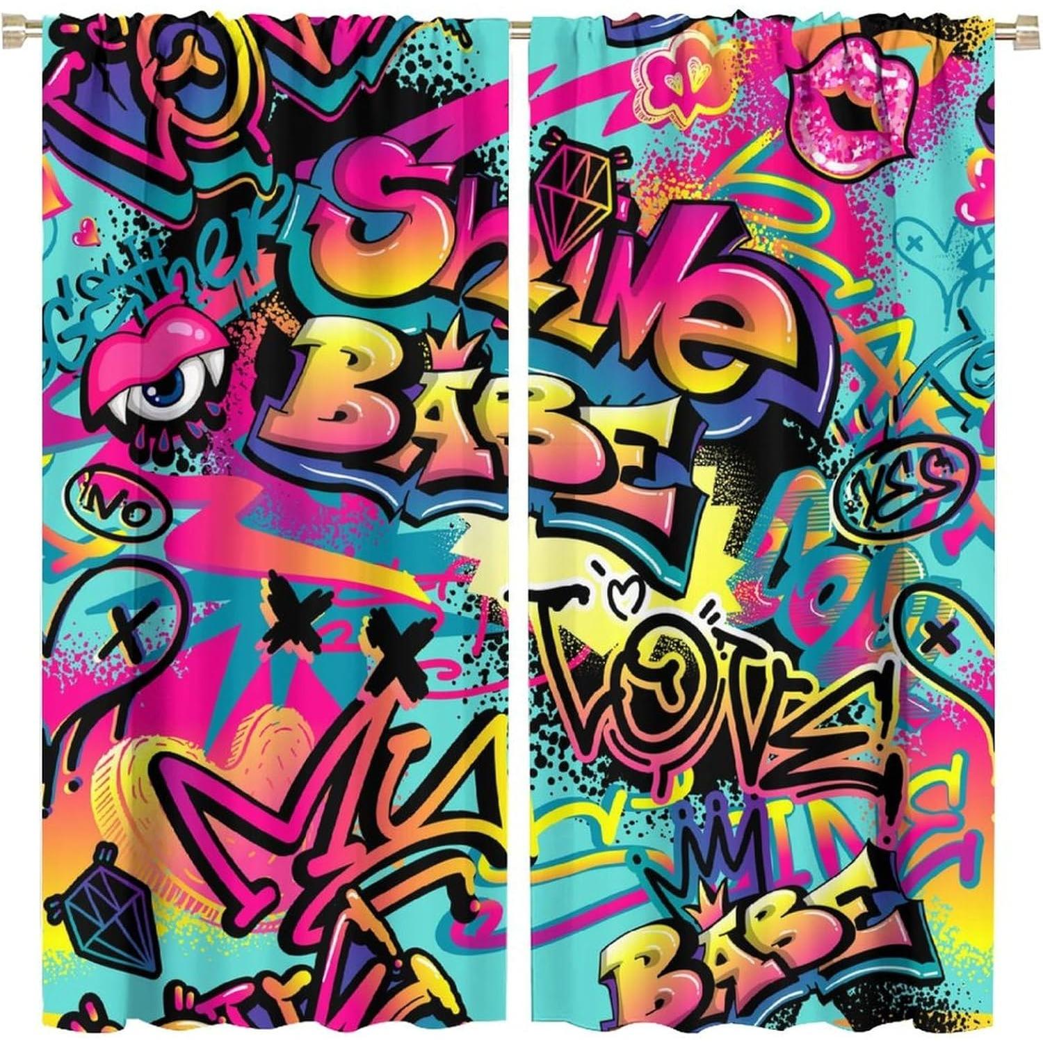 Graffiti Abstract Curtains Cool Spray Painting Street Art Abstract Letter Tagger Underground Theme Window Treatment for Kids 60×150cm