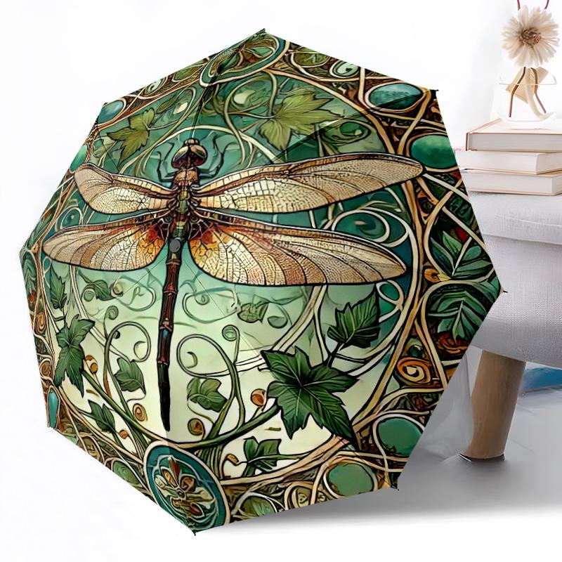 1 szt. Automatyczna parasolka z funkcją składania, projekt Art Nouveau z ważką, składana parasolka z 8 żebrami, kompaktowy design, idealna na przygody na świeżym powietrzu Y8