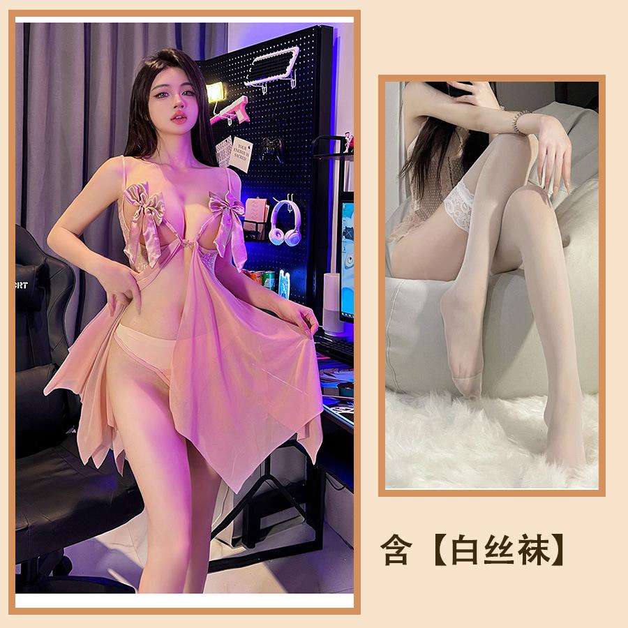 Sexy Underwear, Hot Suspenders, Sexy Hollowed-out Perspective Bow, Split-ended Backless, Passionate Mesh Nightdress Women