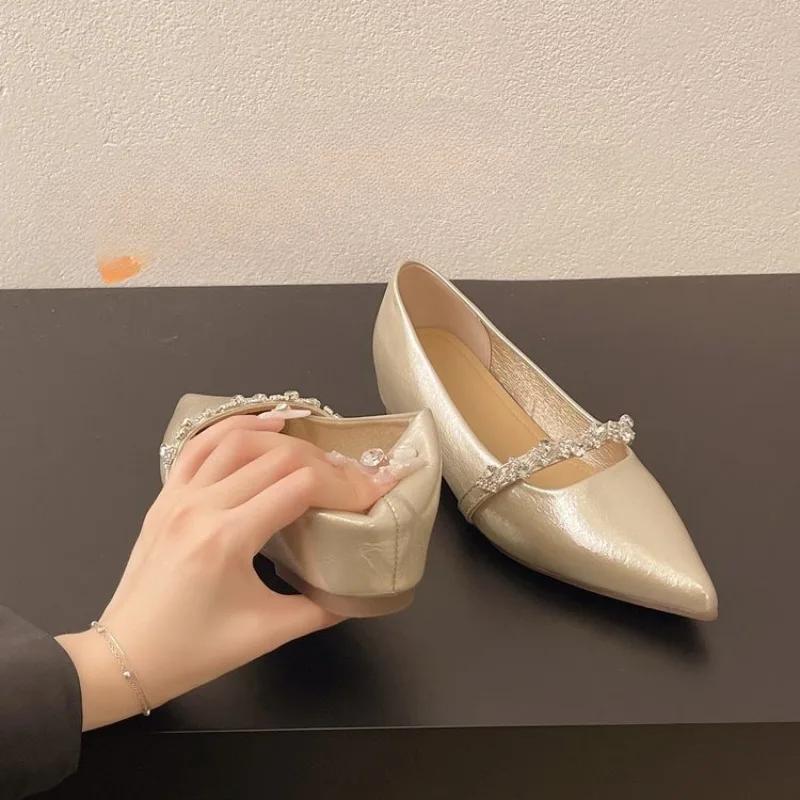 Single Shoes Women's New Summer New Shallow Mouth Gentle Retro Rhinestone with Skirt Heightened Pointed Toe Small Leather Shoes