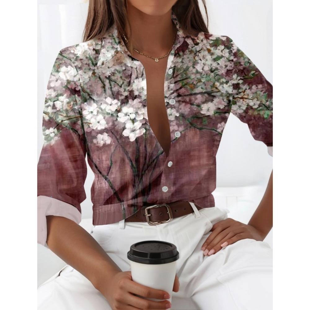Women's Fashion Floral Buttons Blouse Lapel Neck Blouse Womens Long Sleeve Shirts Womens Clothing Female Clothing