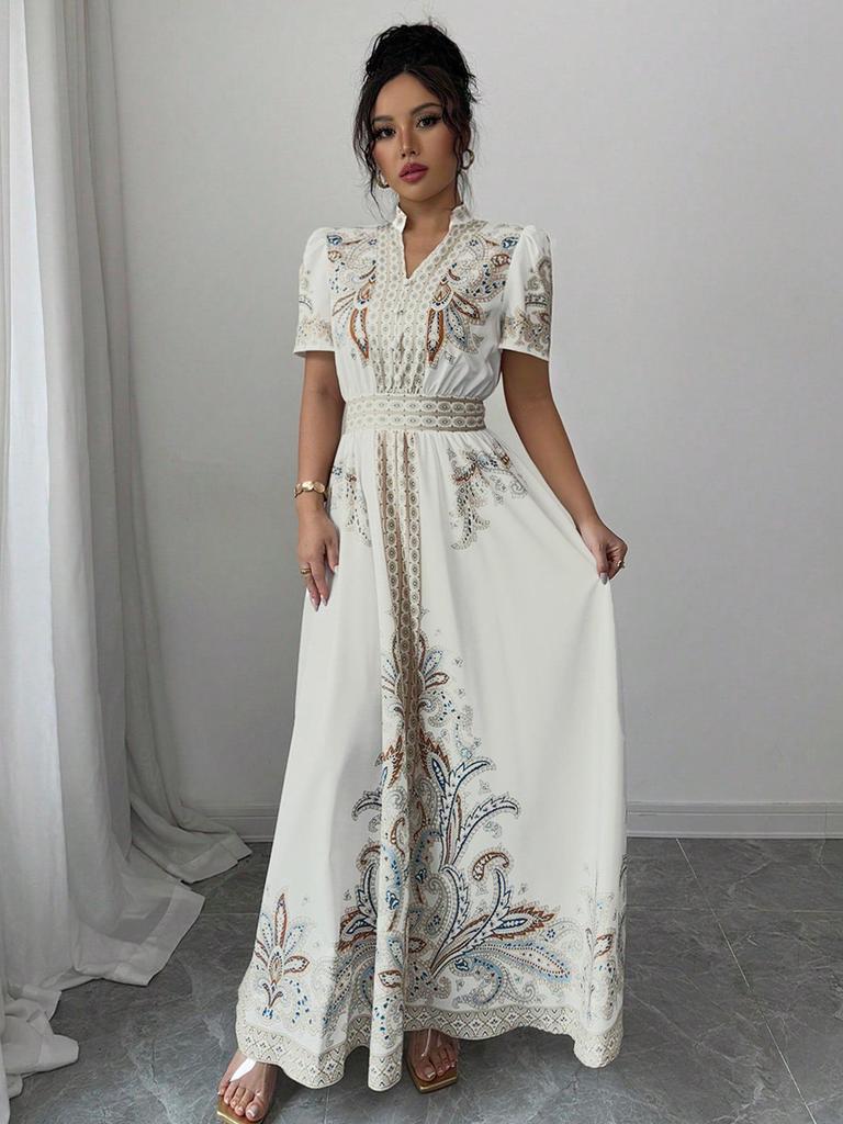 Retro Paisley Hochtailliertes Spitzenbesetztes Langes Kleid - Damen Sommerkollektion 2025