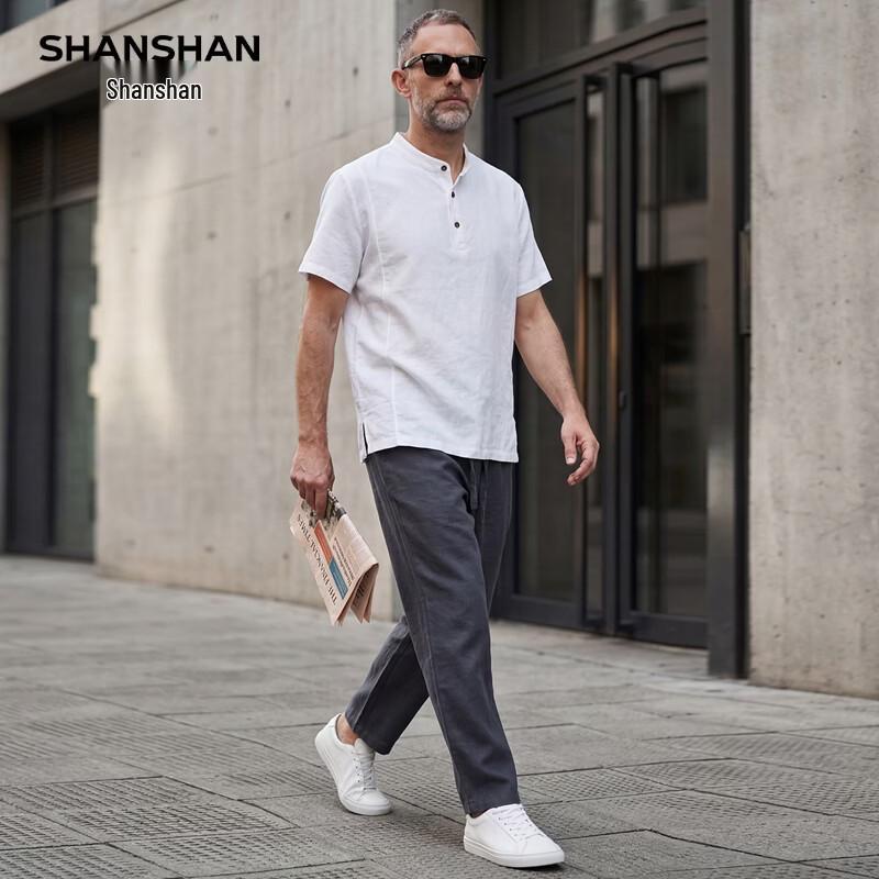 SHANSHAN Men s 100% Linen Short-Sleeve T-Shirt Set 4XL