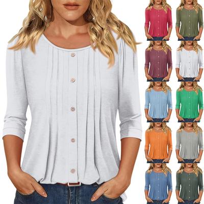 Women's Fashionable Casual Three-quarter Sleeve Button Solid Color Round Neck Top