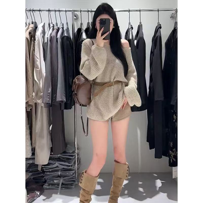 Autumn and Winter Soft Waxy Atmosphere Artifact Lazy Hollow Word Shoulder Pullover Sweater Women's Medium and Long Off-the-shoulder Knitting Versatile
