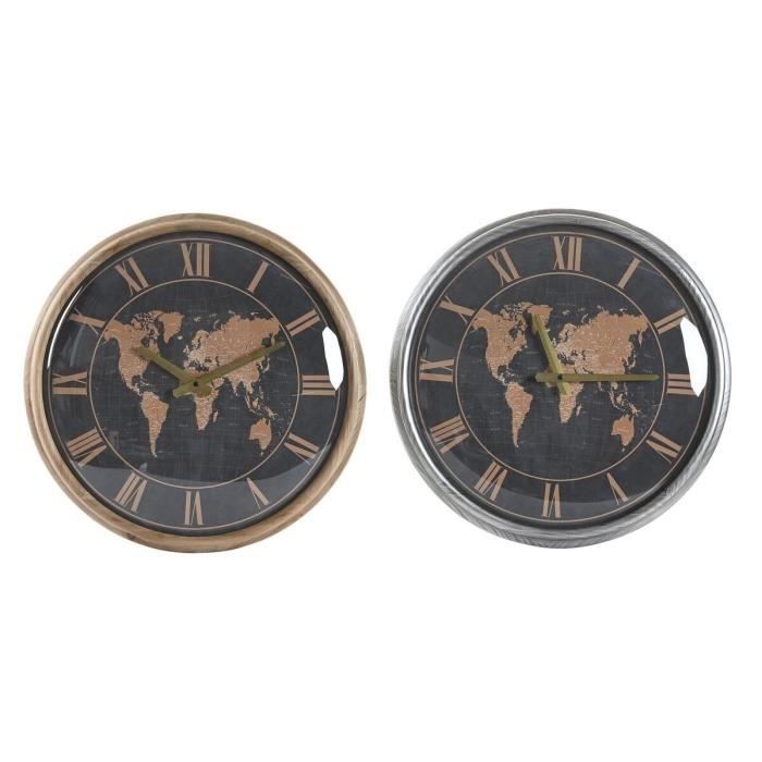 Horloge murale - Mappemonde - Verre argenté - Noir - Doré - Marron - 46 cm