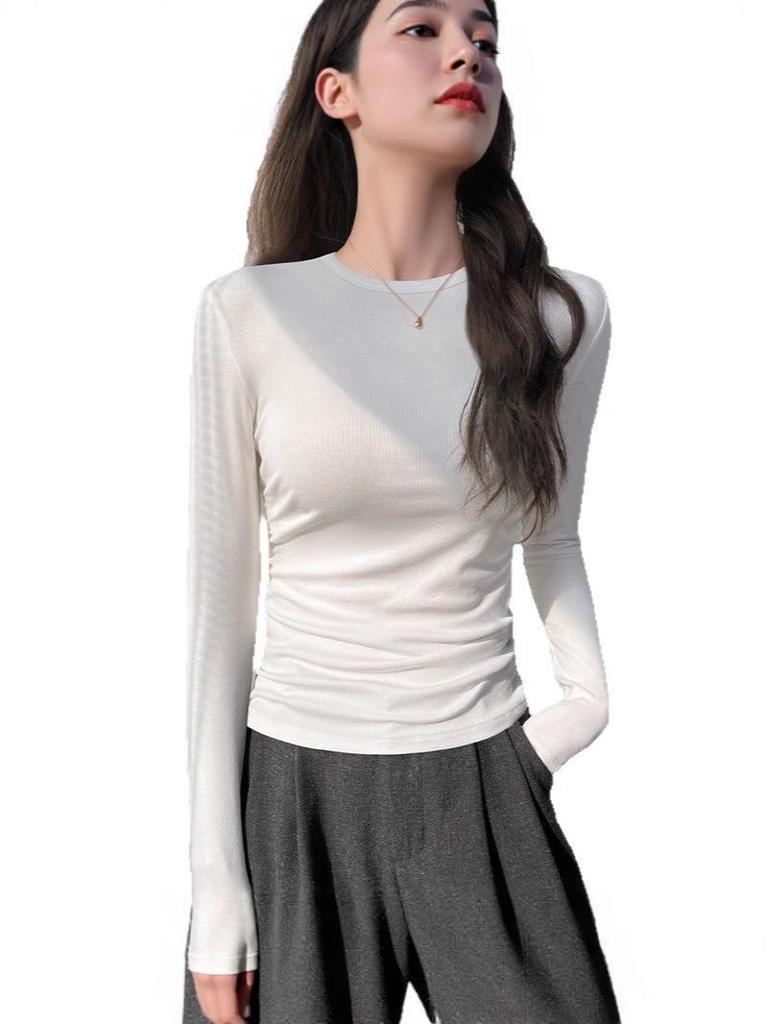 2025 Autumn/Winter Women's Solid Color Slimming Long Sleeve Round Neck Base Shirt