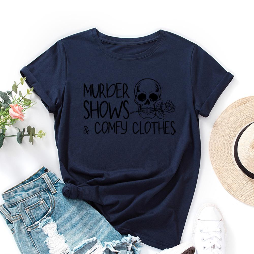 Skull Rose Alphabet Cotton T-Shirt Short Sleeve Round Neck Women 2d Print Tops