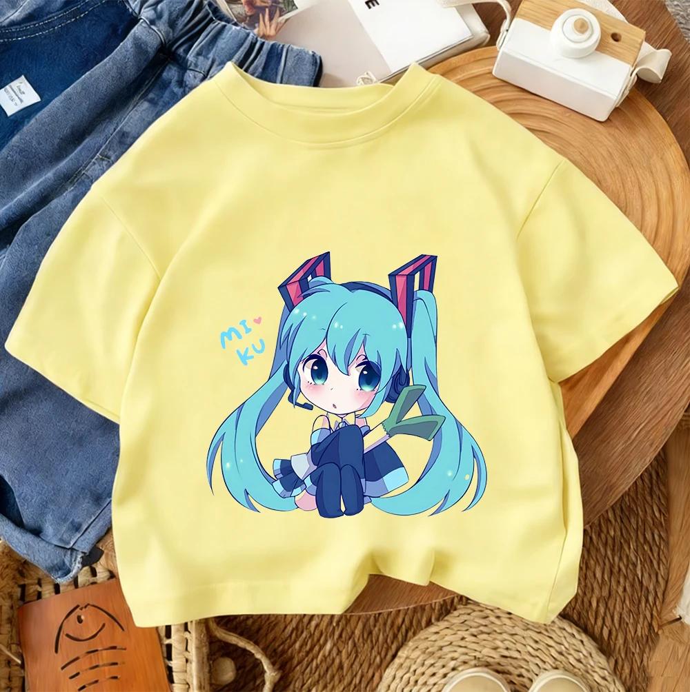 Kids Casual Tee Hatsune Miku Popular Cartoon Print 2026 Summer Boys Girls Street Style Fashion Tops 3-14 Age