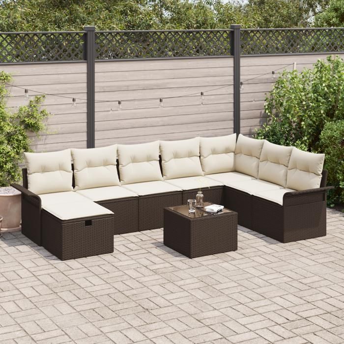 VidaXL Canapé de Jardin 9 Pièces avec Coussins Marron Rattan 3358937