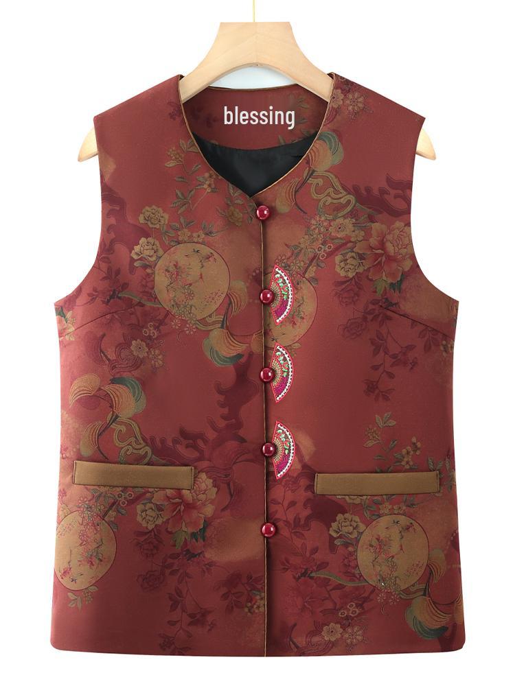 Elegant Autumn Shawl Vest for Elderly Women - Classic Vintage Chinese Style for Mom