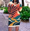 Women Plus Size V Neck Long Sleeve Gradient Printed Fitted Midi Dress