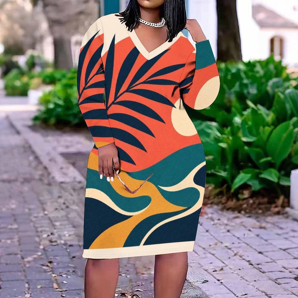 Women Plus Size V Neck Long Sleeve Gradient Printed Fitted Midi Dress