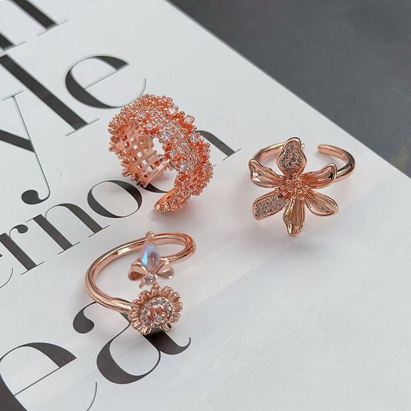 Rose Gold Flower Bee Gypsy Star Zircon Super Fairy Ring Female Heavy Industry Fashion Personality Stacked Index Finger Ring
