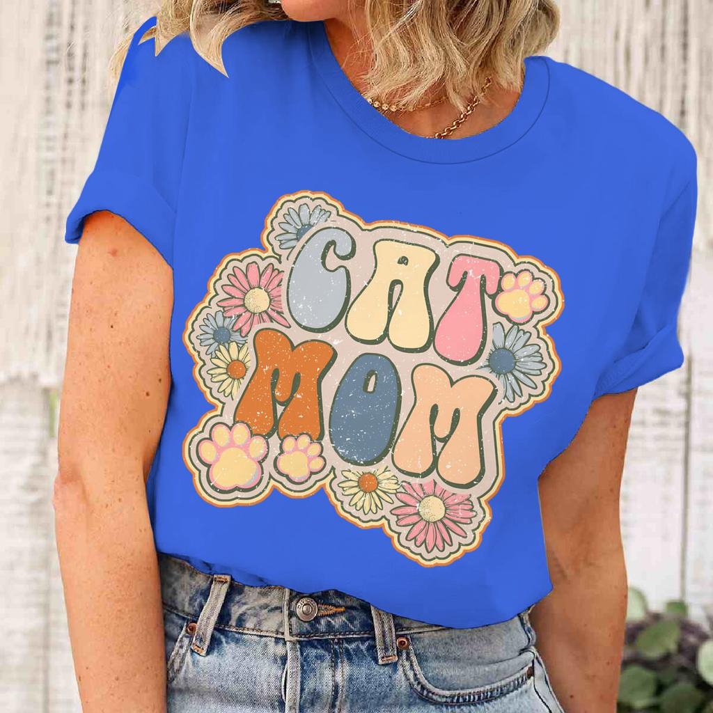 Vintage Cat Mom And Flower Print T Shirt Unisex Bohemia Wildflower Short Sleeve Streetwear Fun Cat Mom Life Tee Casual Female Top