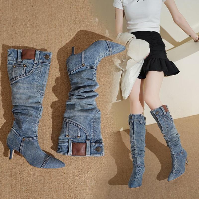 Women's Boots Fashion with Buttons Knee Boots Retro Hot Girl Blue Denim Long Boots Thin Heels Pointed Toe Pleated Women Shoes