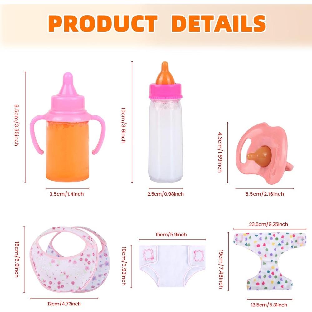 Baby Doll Accessories Set 7PCS Feeding & Caring Set with Magic Bottles Pacifier Diapers Bibs Doll Pretend Play Gift for Kids