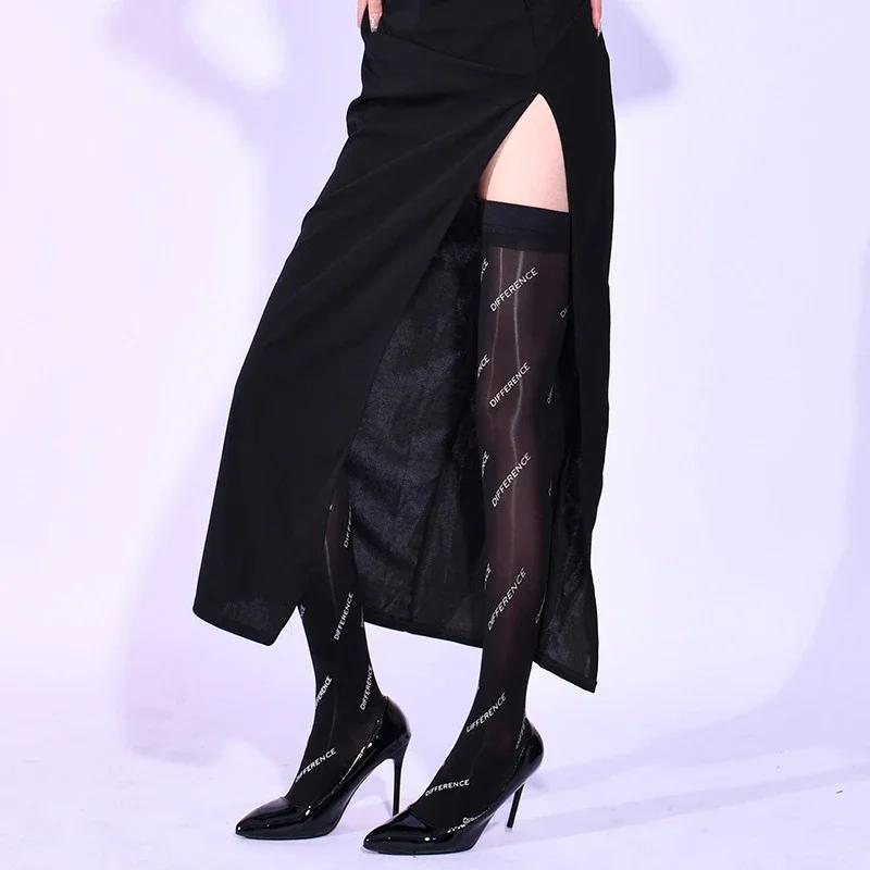 DIFFERENCE Letter Printed Nightclub Party Socks 8D Oil Shiny Silicone Hold Up Thigh High Stockings Women Sexy Transparent Medias