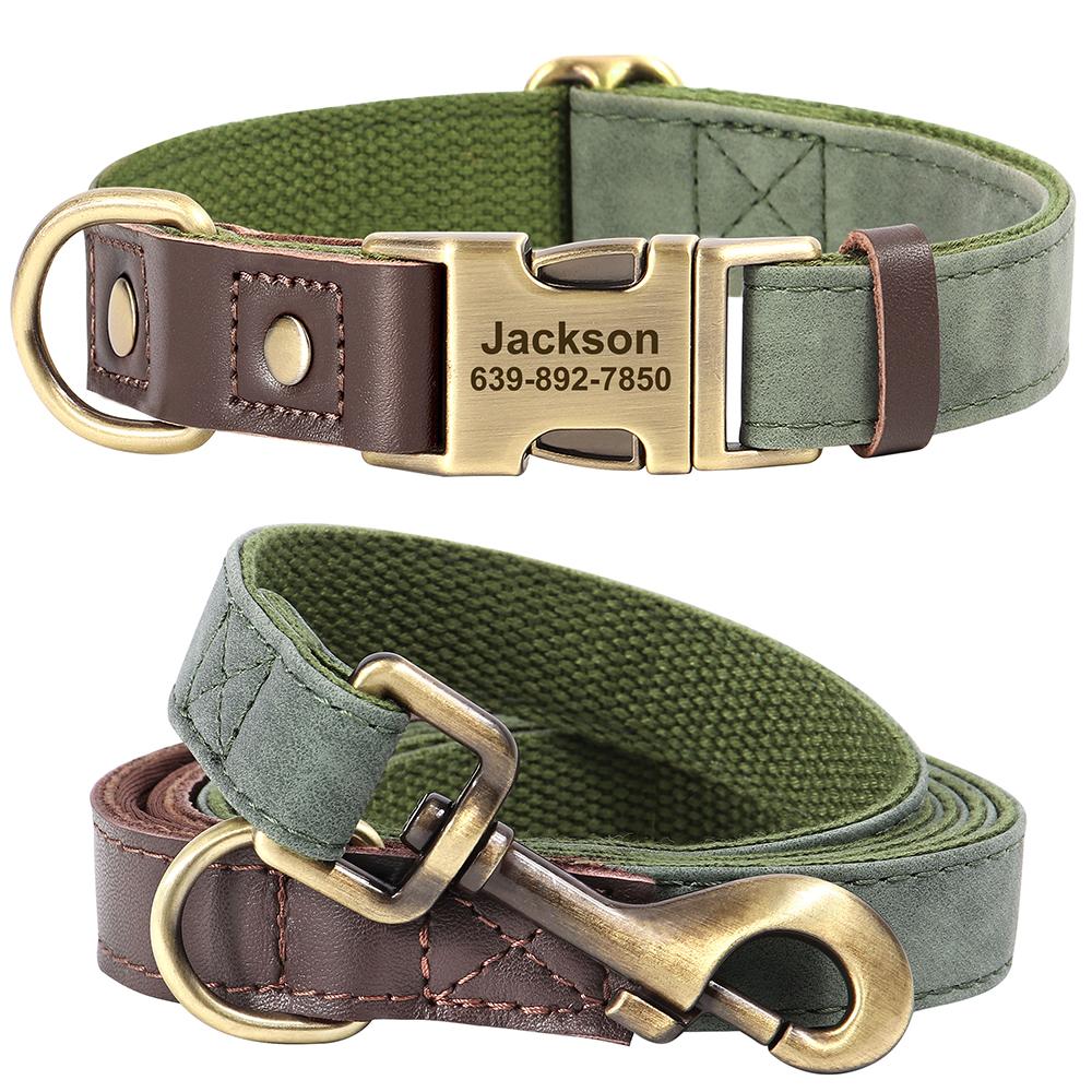 Personalized Dog Collar Leash Durable Nylon Leather Dog Buckle Collars Necklace Pet Walking Leash For Small Medium Dogs Pitbull