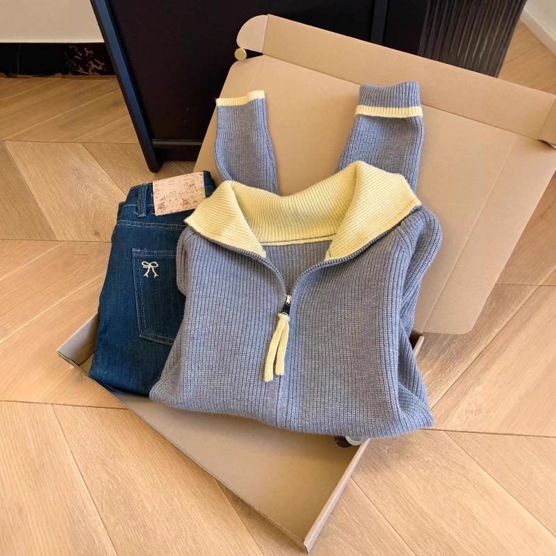 

Double zipper lapel contrasting sweater jacket women s autumn and winter new high-end loose knitted cardigan tide XL серый