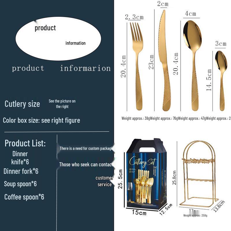 24-Piece Titanium-Plated Stainless Steel Cutlery Set with Rack - Includes Steak Knife, Fork, and Spoon